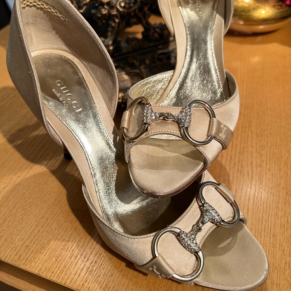 Gucci low heel satin ivory diamond heels